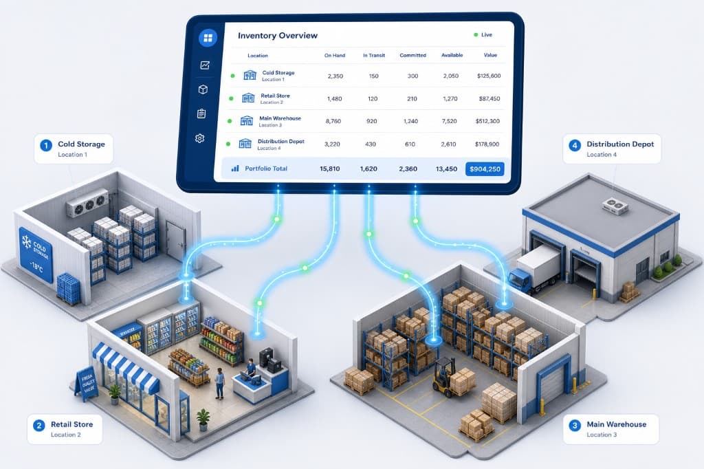 Isometric view of cold storage, retail store, main warehouse, and distribution depot connected to a live inventory overview dashboard